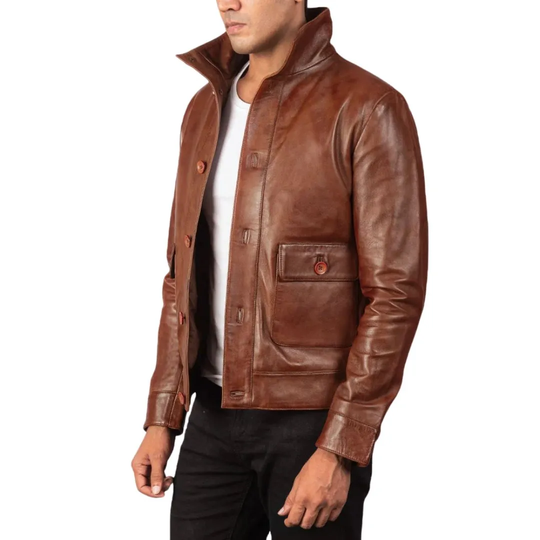 Men's Brown Button Leather Bomber Jacket - Image 3