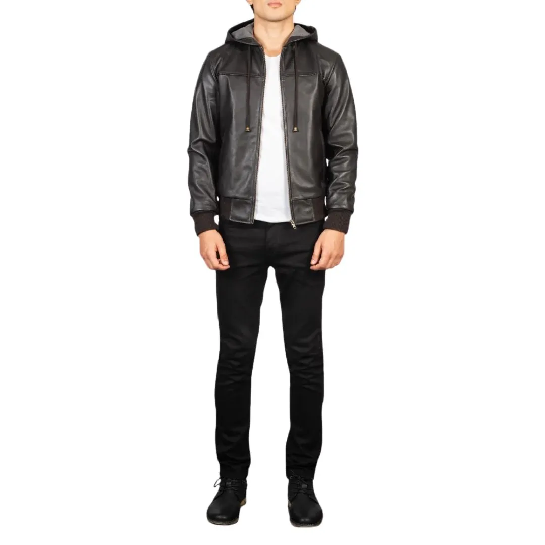 Men's Brown Fleece Lined Hooded Leather Jacket - Image 4