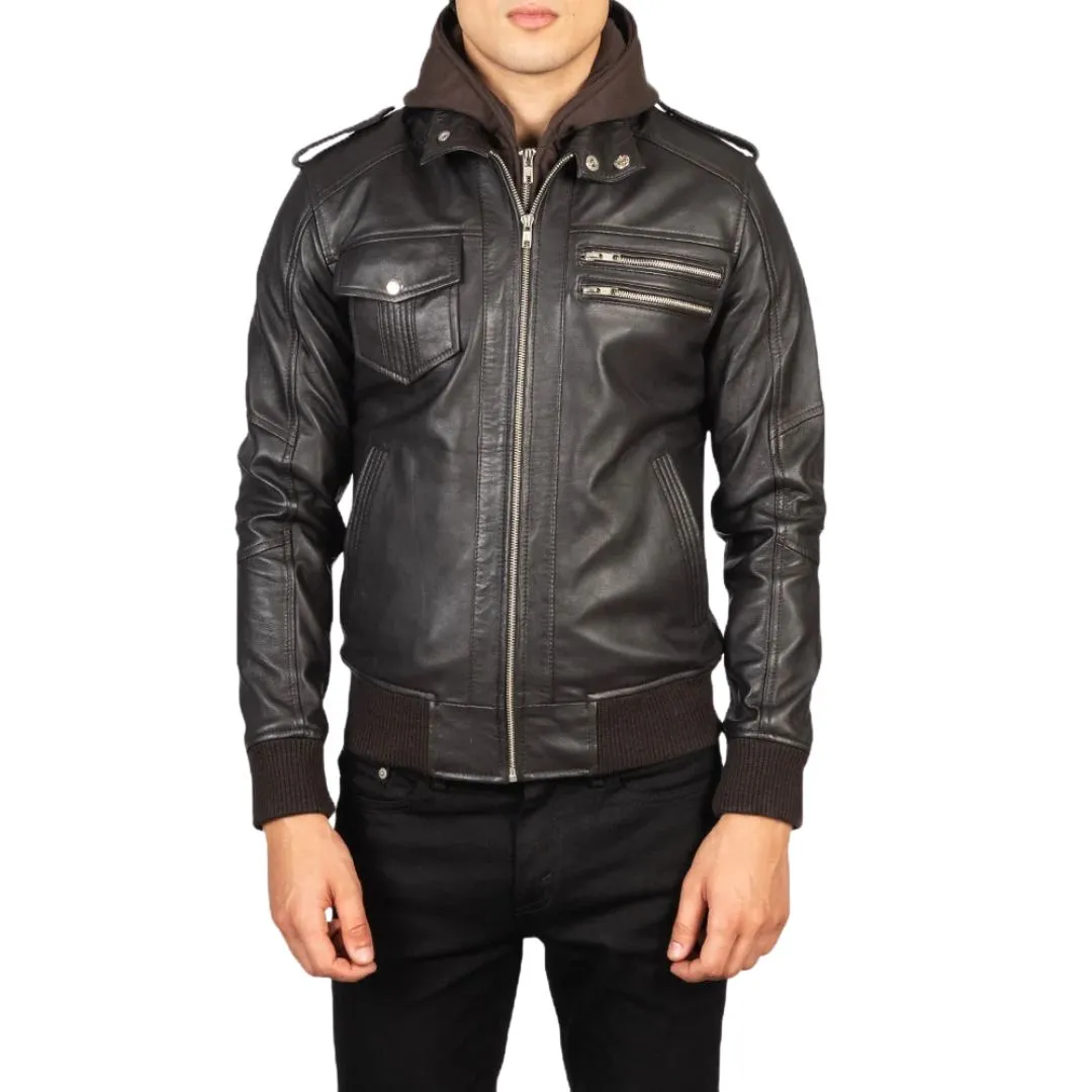 Men's brown hooded leather bomber jacket front view