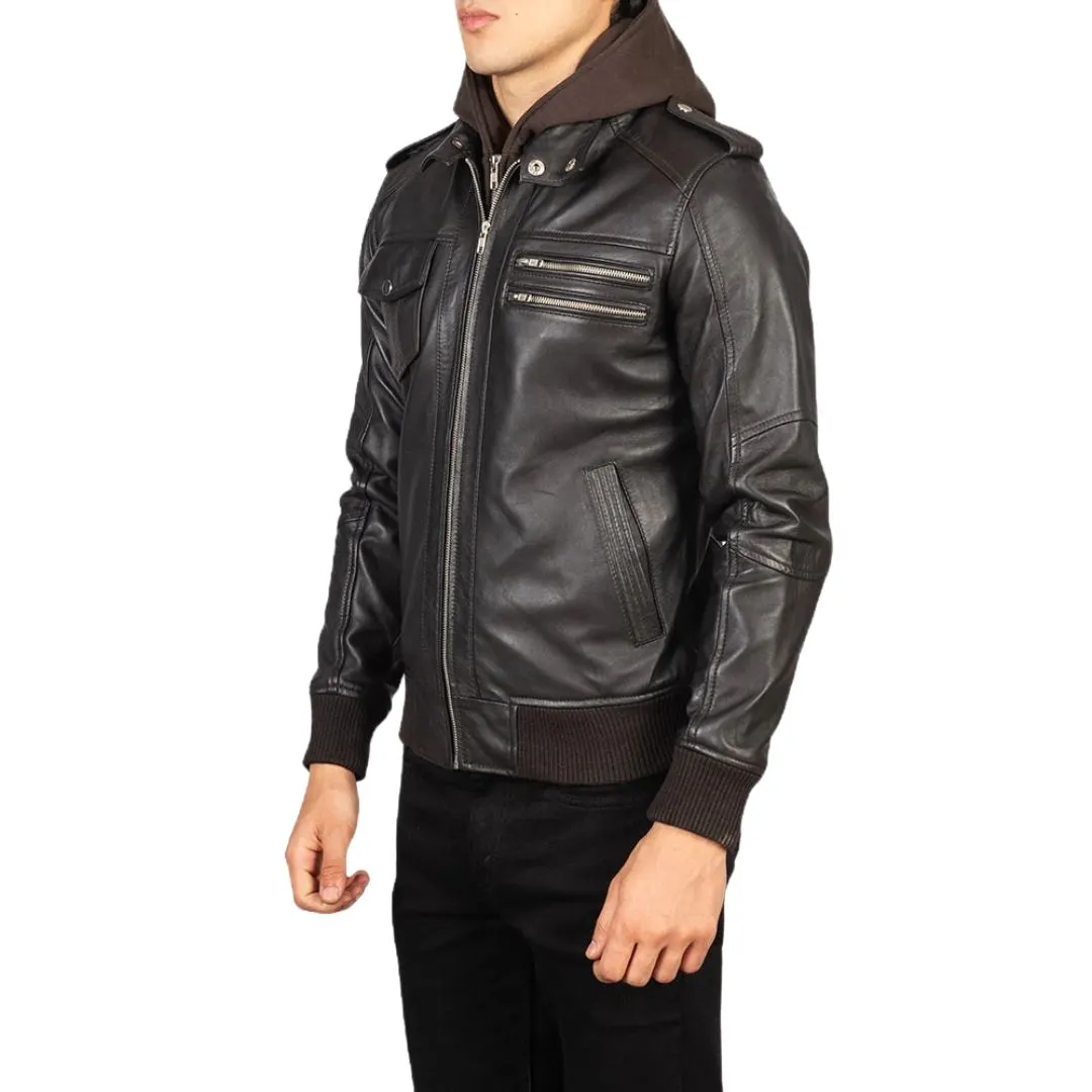 Side view of men's brown hooded leather jacket