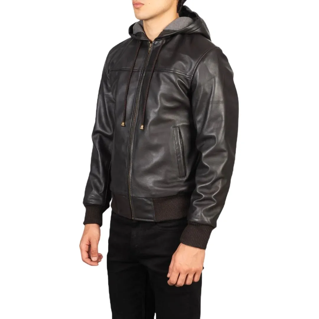 Side view of men's brown hooded leather jacket