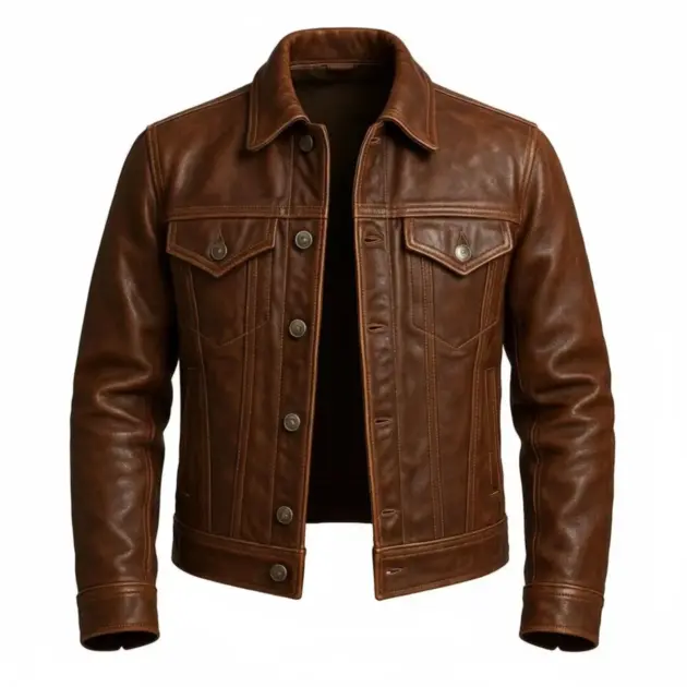 Men's brown leather trucker jacket with button flap pockets, front view