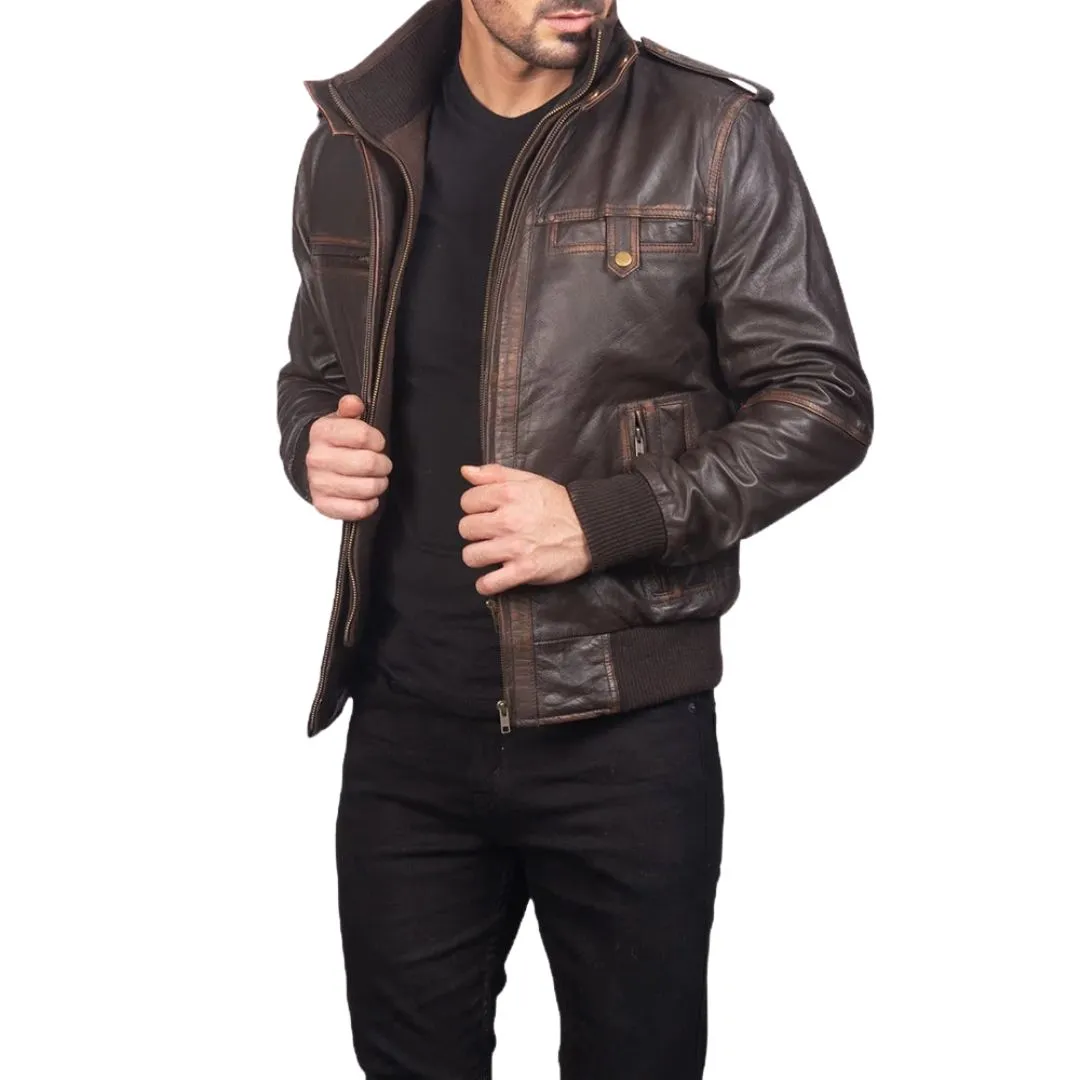 Men's brown rub-off leather bomber jacket angled front view