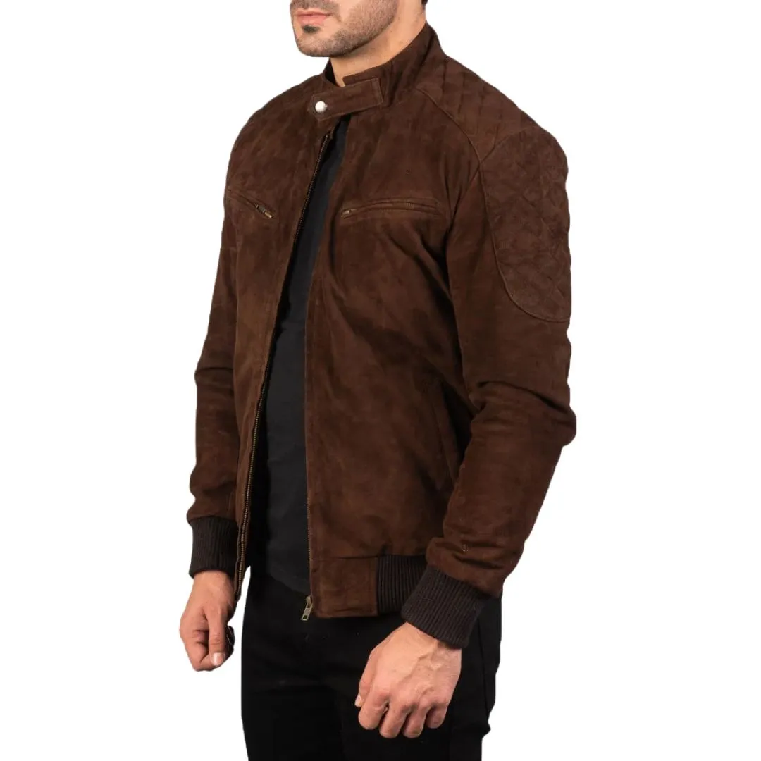 Men's Mocha Suede Leather Bomber Jacket - Image 2