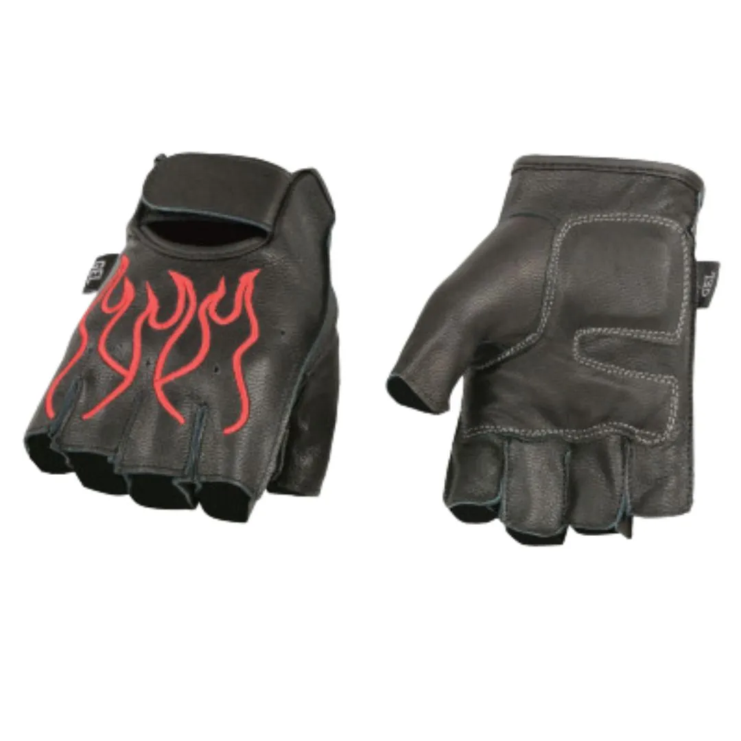 Men's leather fingerless gloves with embroidered flame design