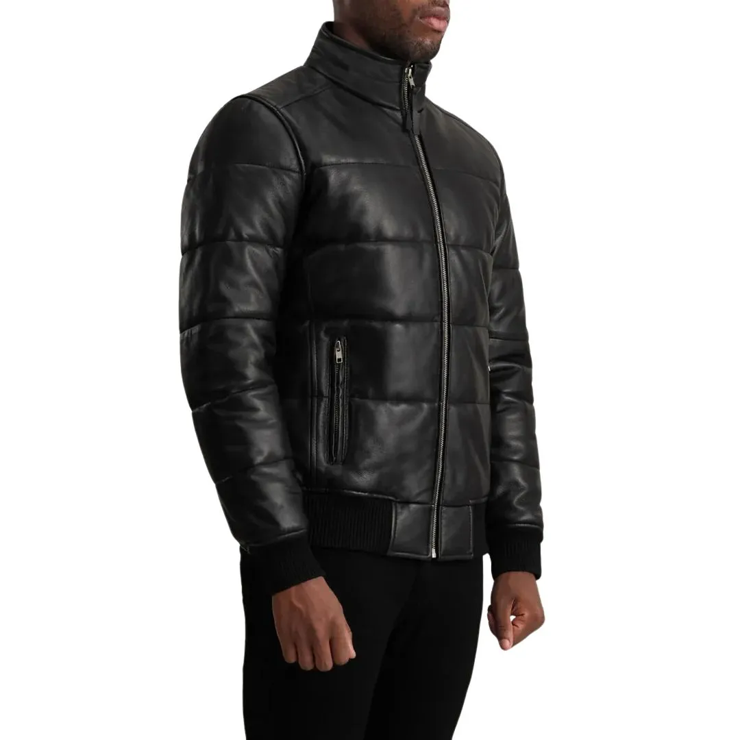 Side view of men's leather puffer jacket