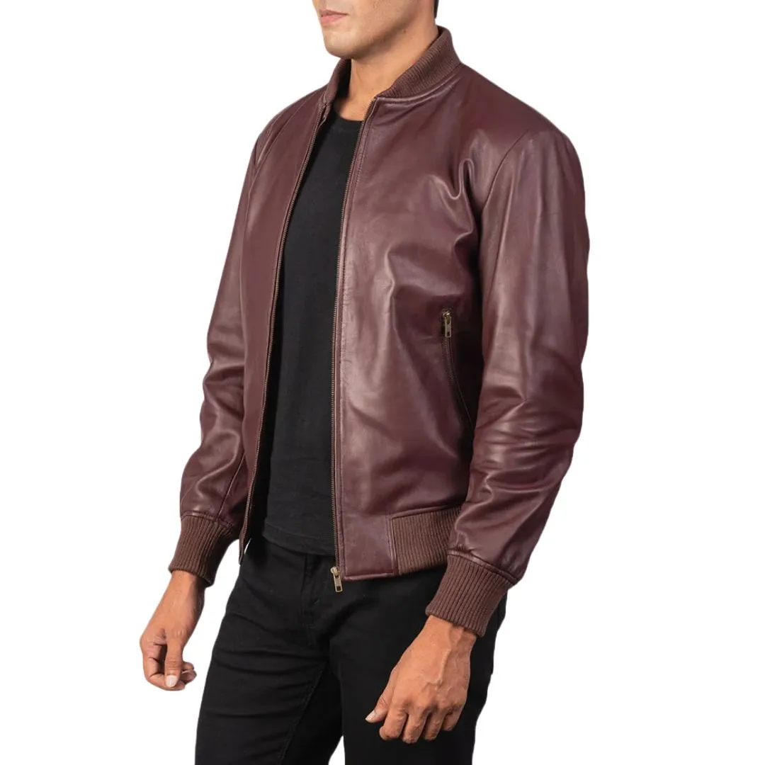 Side view of men's maroon varsity leather jacket