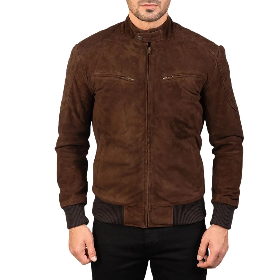 Men's mocha suede bomber jacket front view