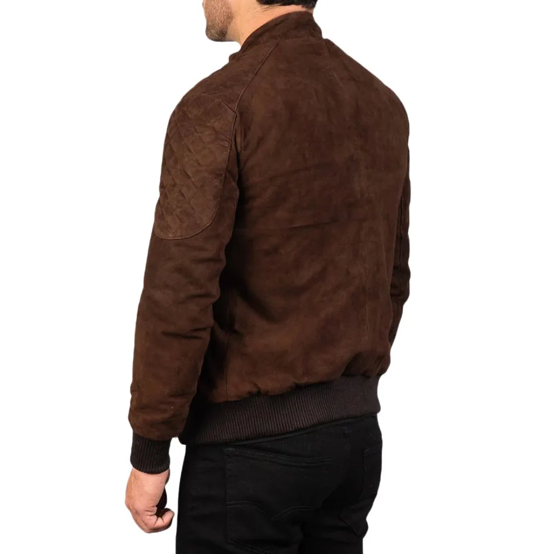 Back view of men's mocha suede bomber jacket