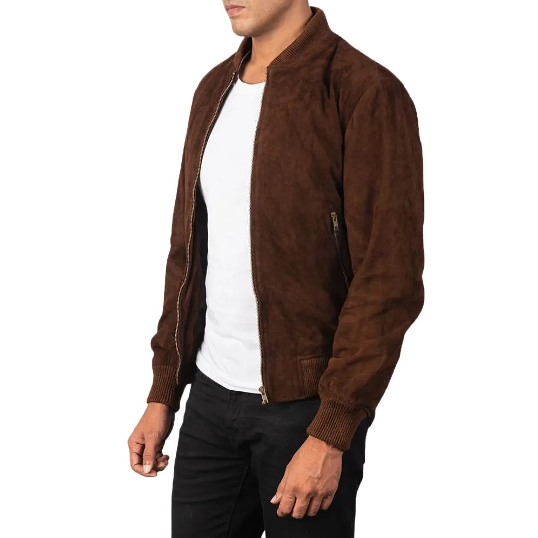 Side view of men's mocha suede bomber jacket