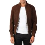 Mocha varsity suede bomber jacket