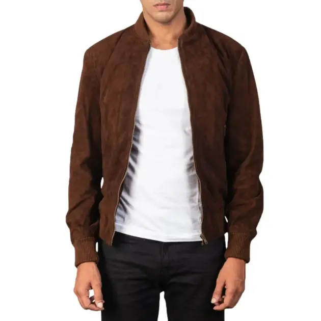 Mocha varsity suede bomber jacket