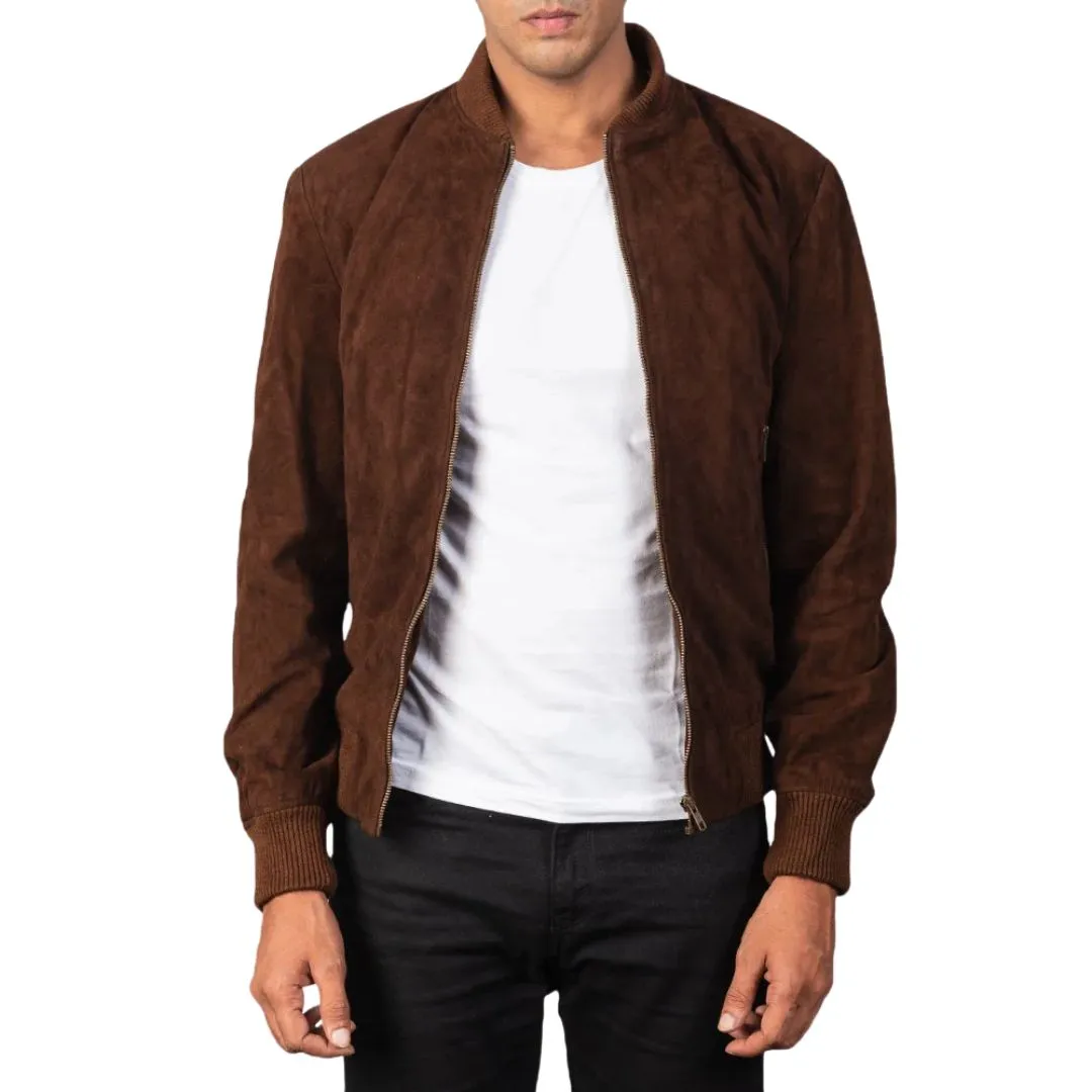 Mocha varsity suede bomber jacket