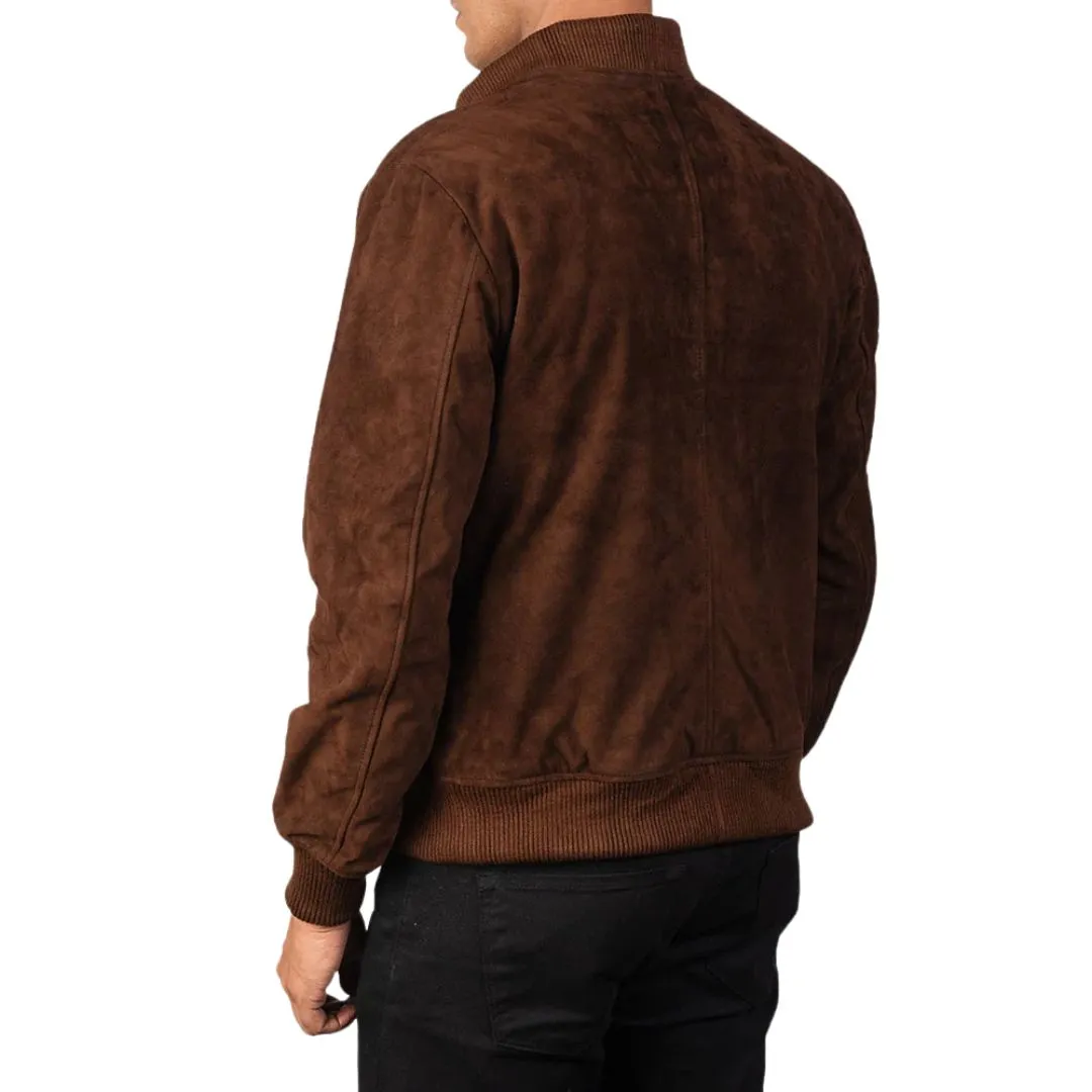Back view of mocha varsity suede jacket