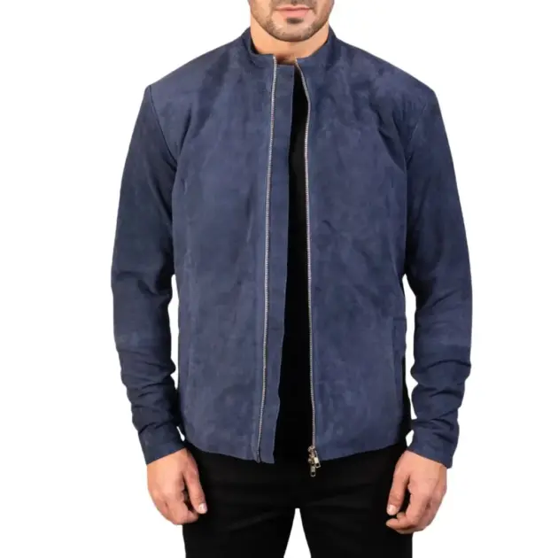Navy blue suede biker jacket