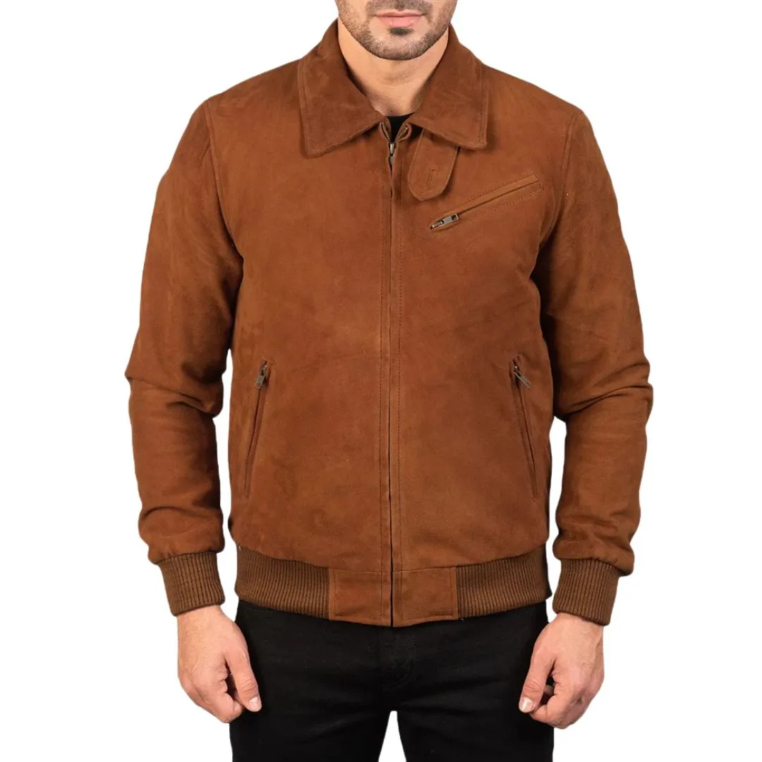 Front view of men's tan goatskin suede jacket