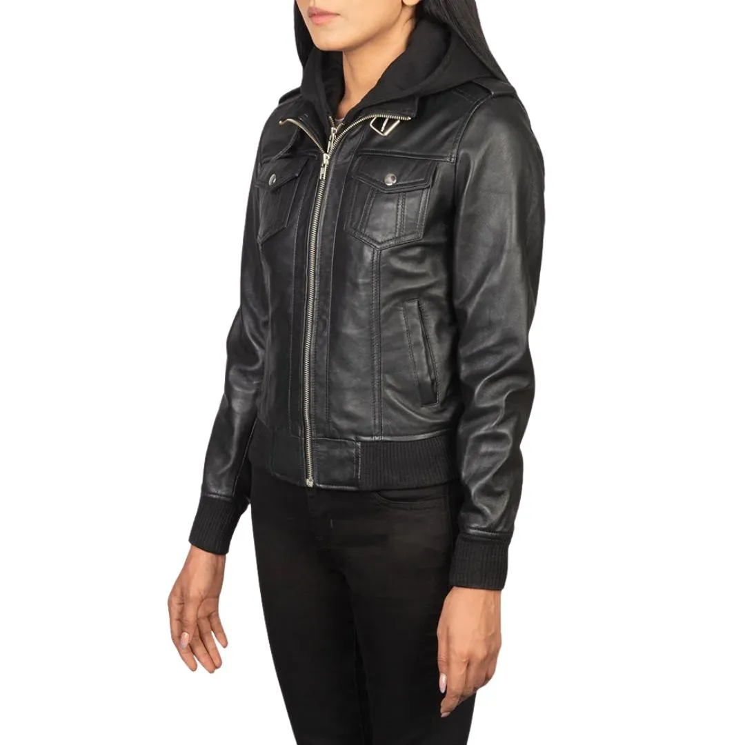 Black hooded leather bomber jacket for women