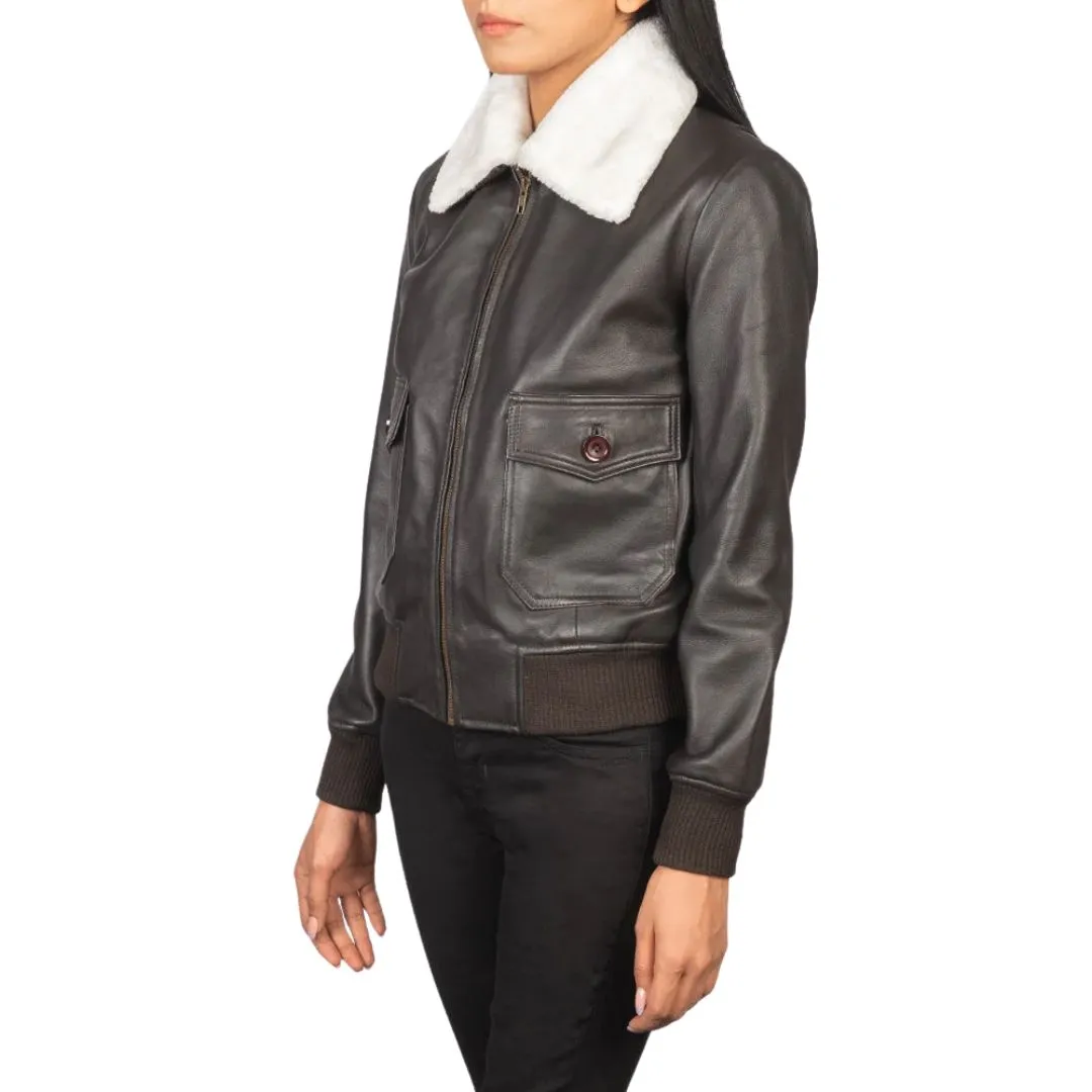 Front view of women's brown leather bomber jacket