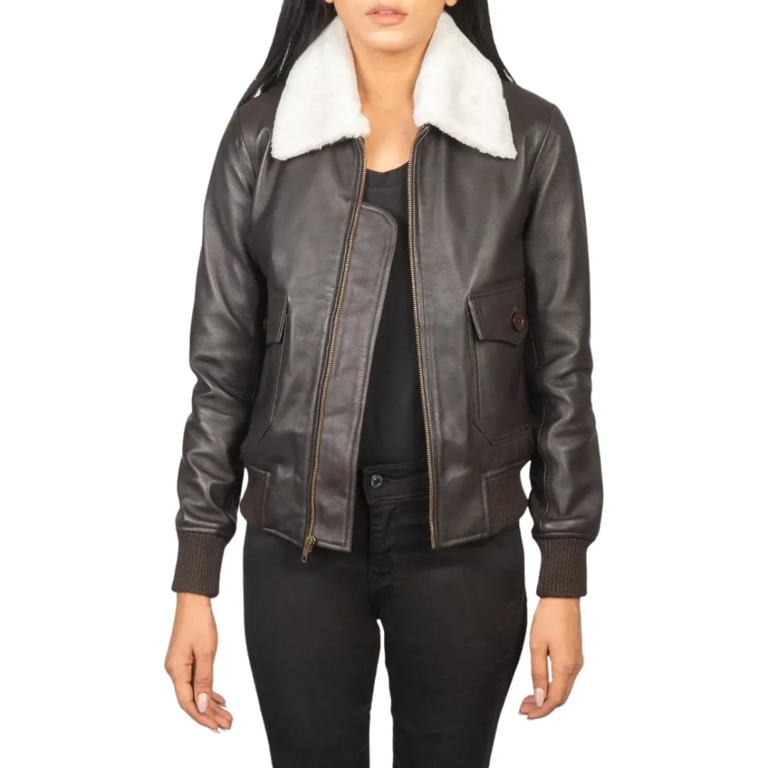 Women's brown sheepskin leather G-1 bomber jacket by Sunsiraj