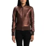 Women's maroon sheepskin leather bomber jacket by Sunsiraj