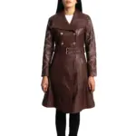 Maroon leather trench coat with waist belt