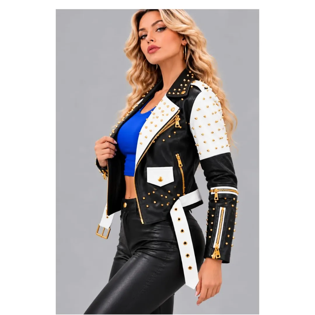 Left side view of a black and white studded biker jacket with gold-tone zippers and ribbed sleeves