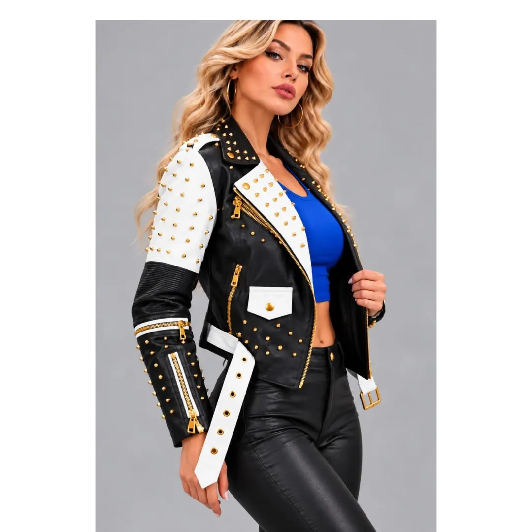 Right side view of a black and white women's biker jacket featuring decorative gold studs and zipper details