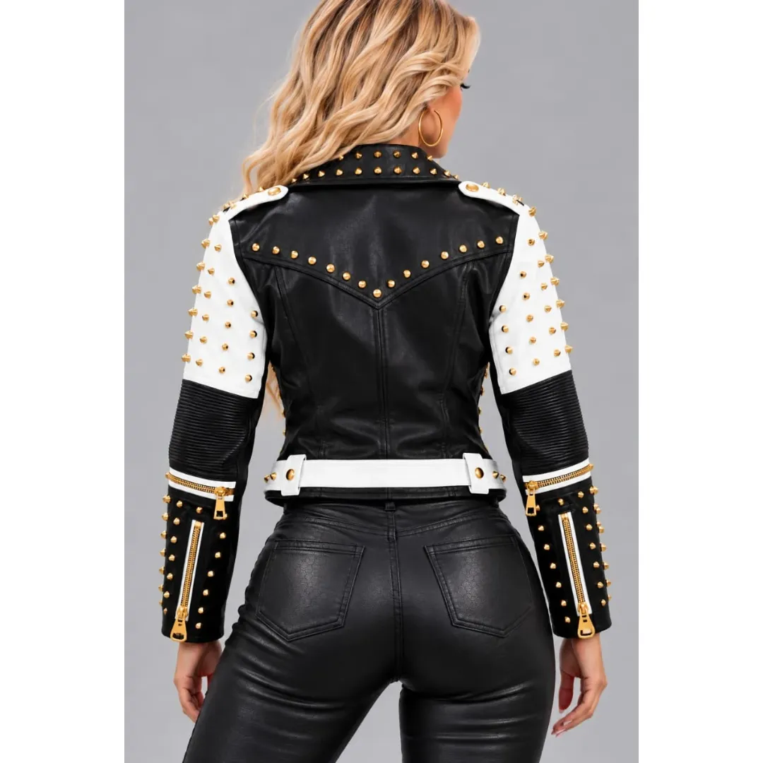 Back view of a black and white studded leather jacket with a black back panel and white sleeves