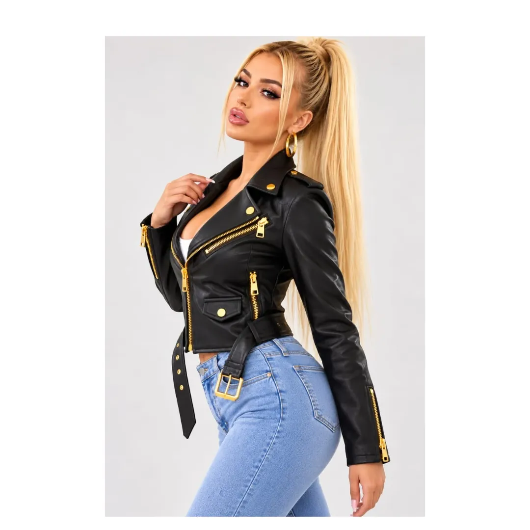 Front detail of women's black biker jacket with gold-tone buttons and asymmetrical zipper