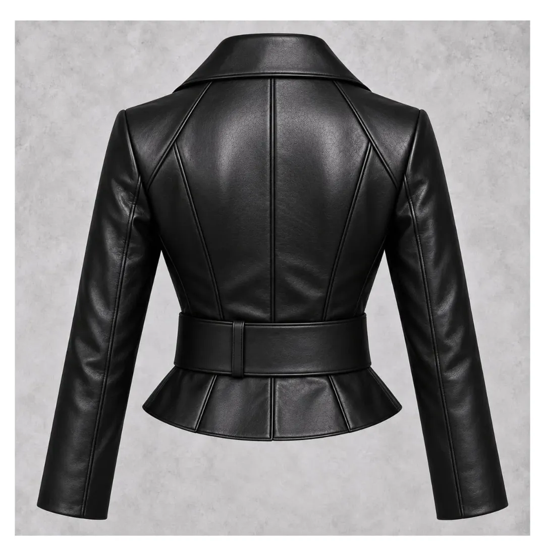 Back view of women's black leather-look peplum jacket with structured panel stitching