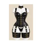 Black leather corset harness set with gold-tone buckles, sculpted cups, matching collar and thigh straps on a white mannequin.