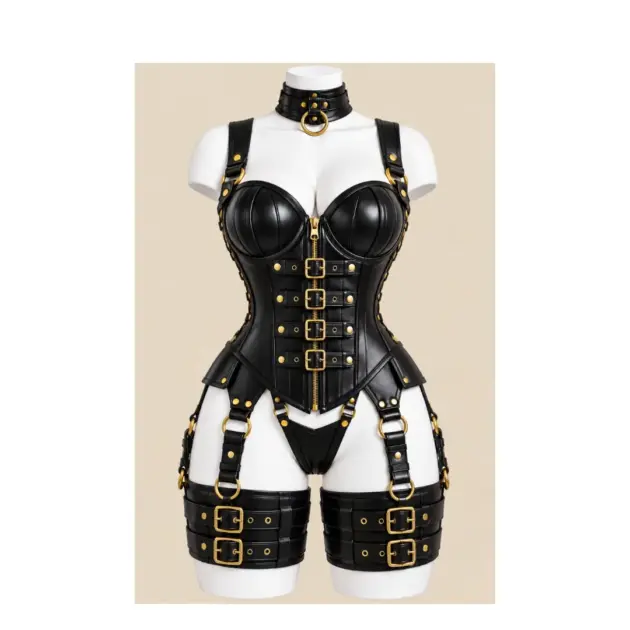 Black leather corset harness set with gold-tone buckles, sculpted cups, matching collar and thigh straps on a white mannequin.