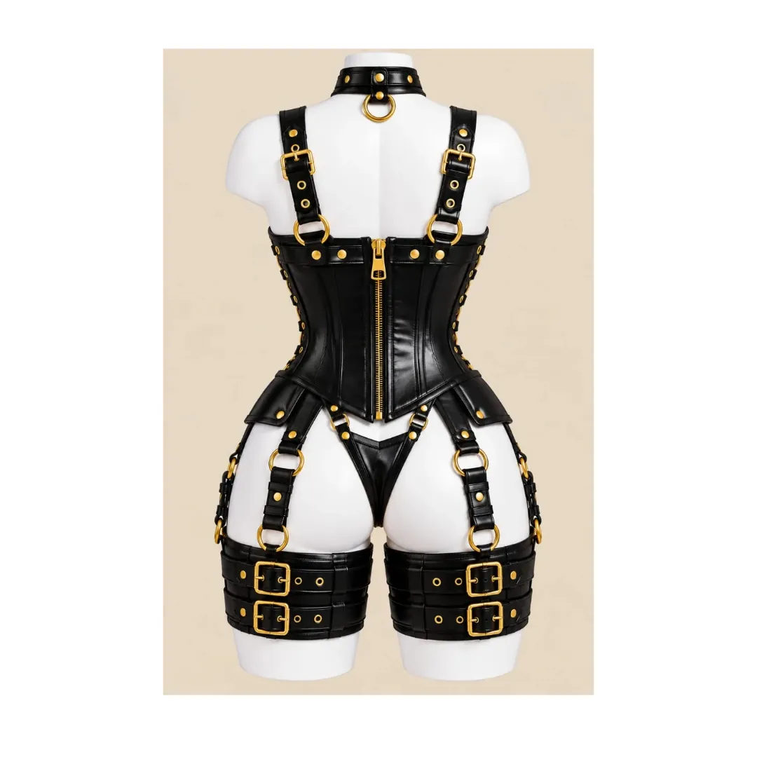 four-quarter view of a glossy black corset harness outfit with gold-tone rings, buckle details, a matching collar and thigh accessories.
