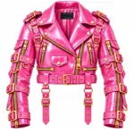 Pink patent vinyl biker jacket with gold-tone zippers and buckle straps, front view