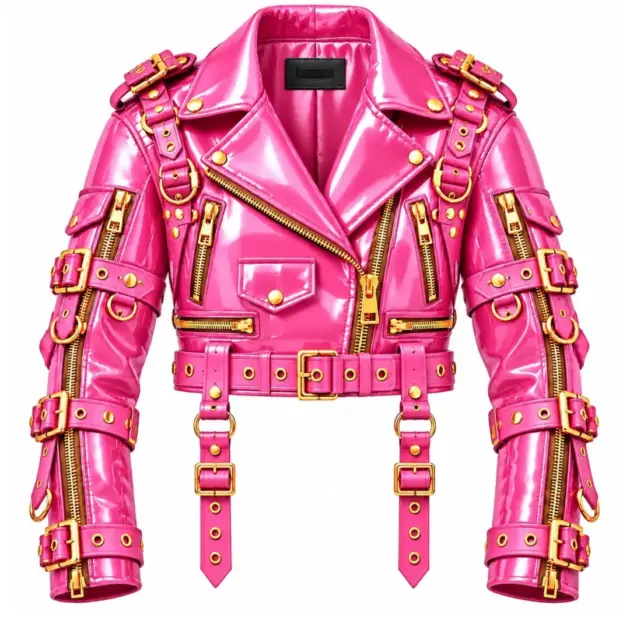 Pink patent vinyl biker jacket with gold-tone zippers and buckle straps, front view