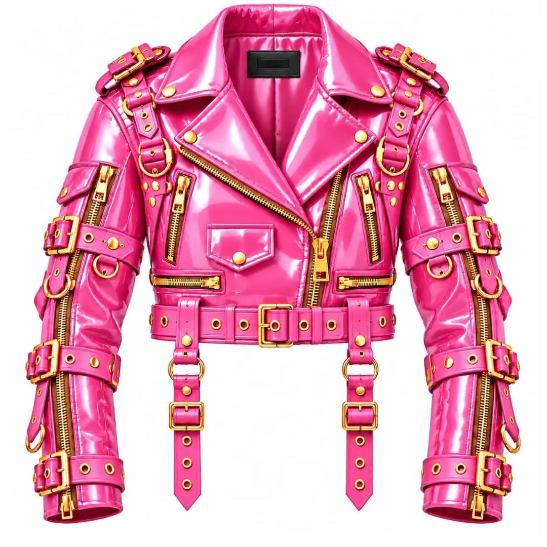 Pink patent vinyl biker jacket with gold-tone zippers and buckle straps, front view
