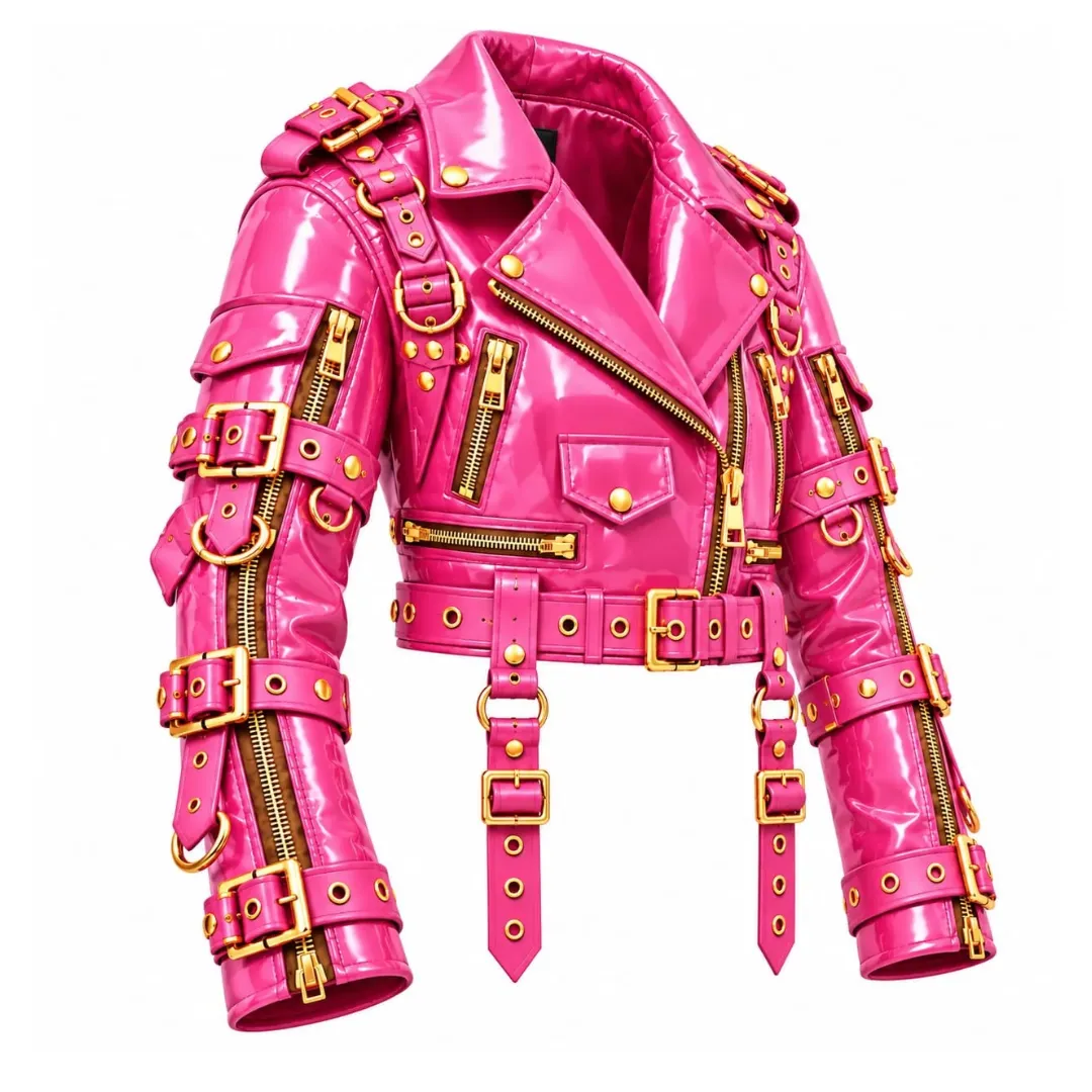 Left-angle view of pink patent vinyl biker jacket with gold hardware and sleeve straps