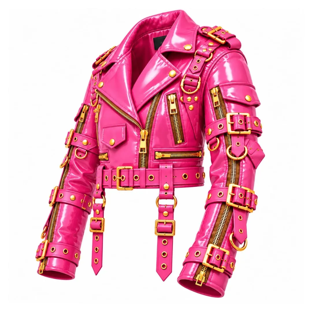 Right-angle view of glossy pink biker jacket with gold-tone buckles and zipper details