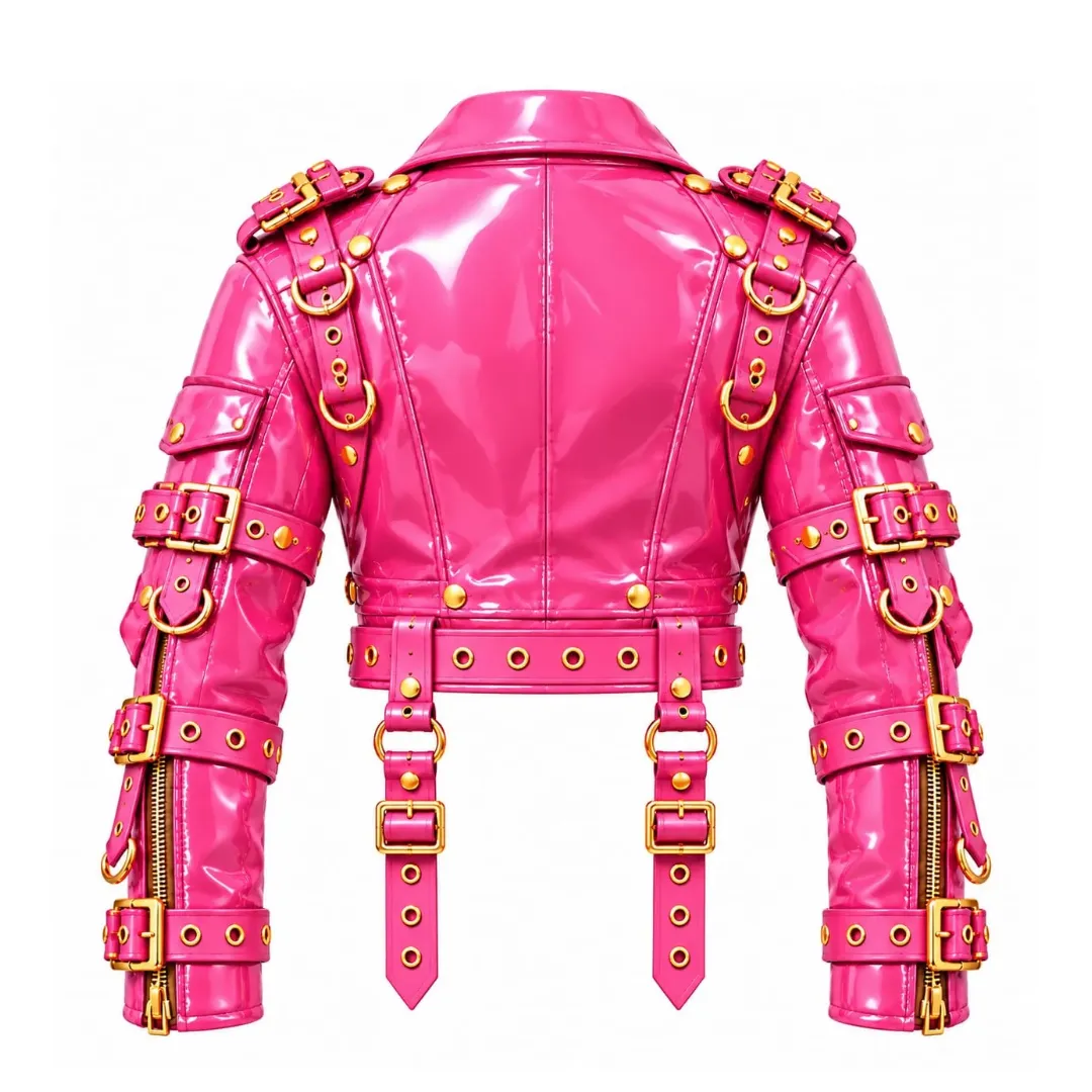 Back view of pink patent vinyl biker jacket with shoulder straps and gold-tone buckle details