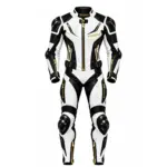 Men's motorcycle racing suit front view black and white with gold zippers