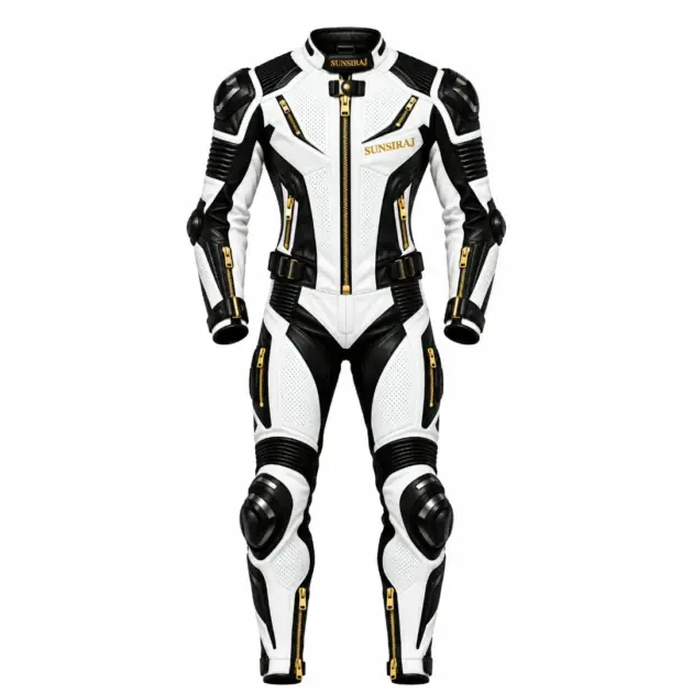Men's motorcycle racing suit front view black and white with gold zippers