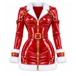 Front view of a glossy red PVC Santa-inspired dress with white faux fur trim, gold-tone front zipper, fitted belt, and decorative straps.