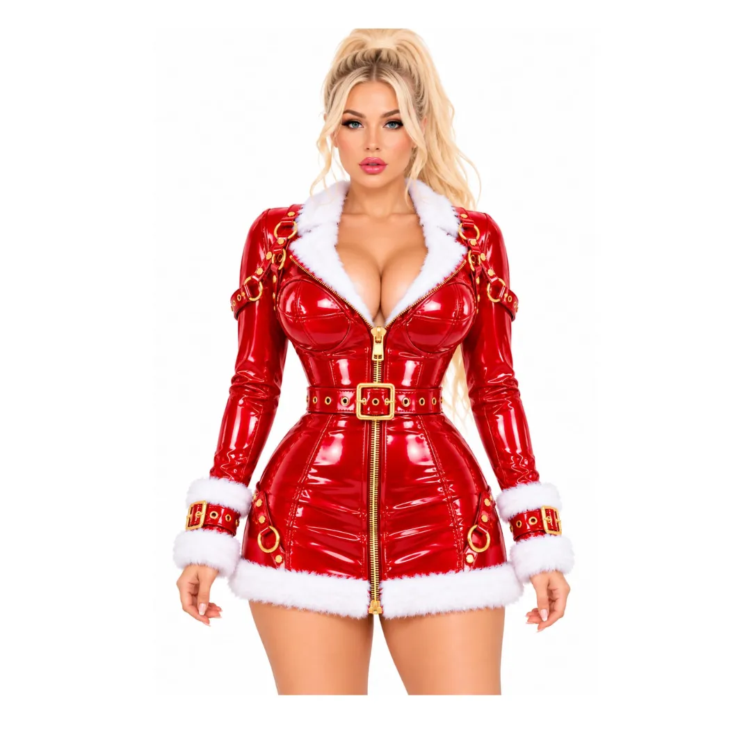 Front view of a glossy red PVC Santa-inspired dress with white faux fur trim, gold-tone front zipper, fitted belt, and decorative straps.