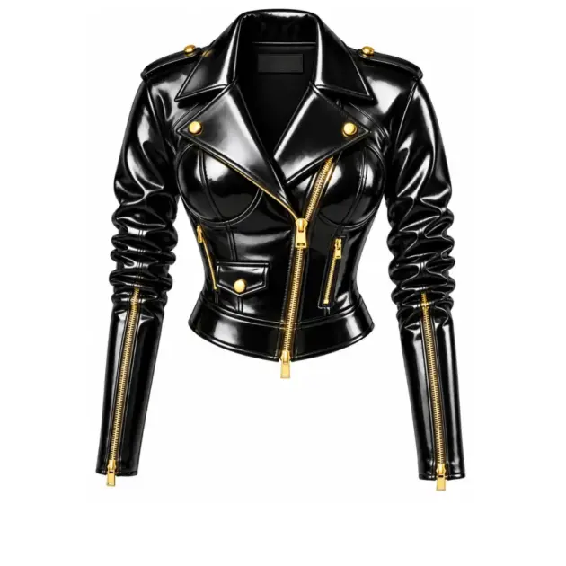 Black glossy PVC biker jacket for women with gold zippers and fitted design