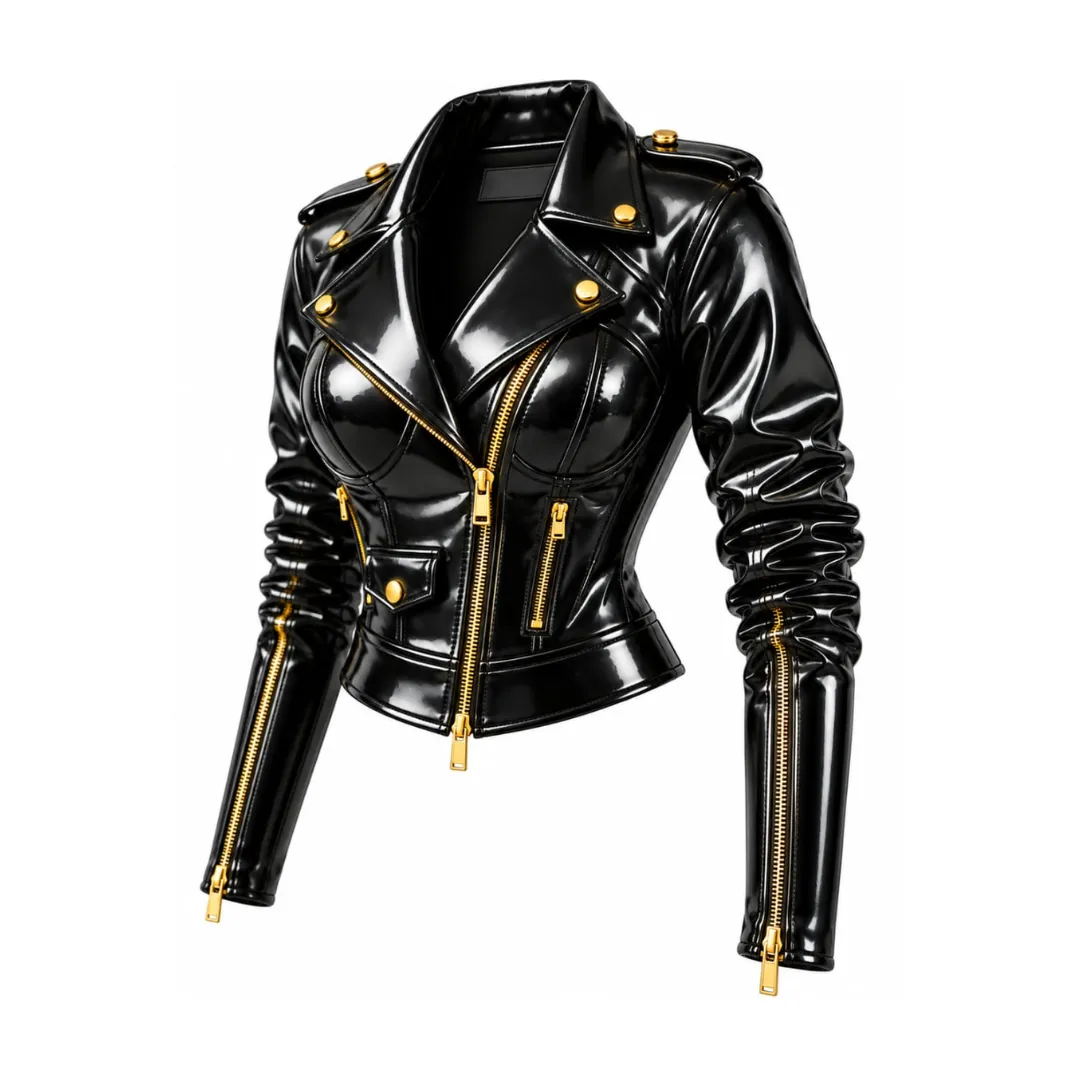 Black glossy PVC biker jacket featuring ruched sleeves and gold zipper cuffs