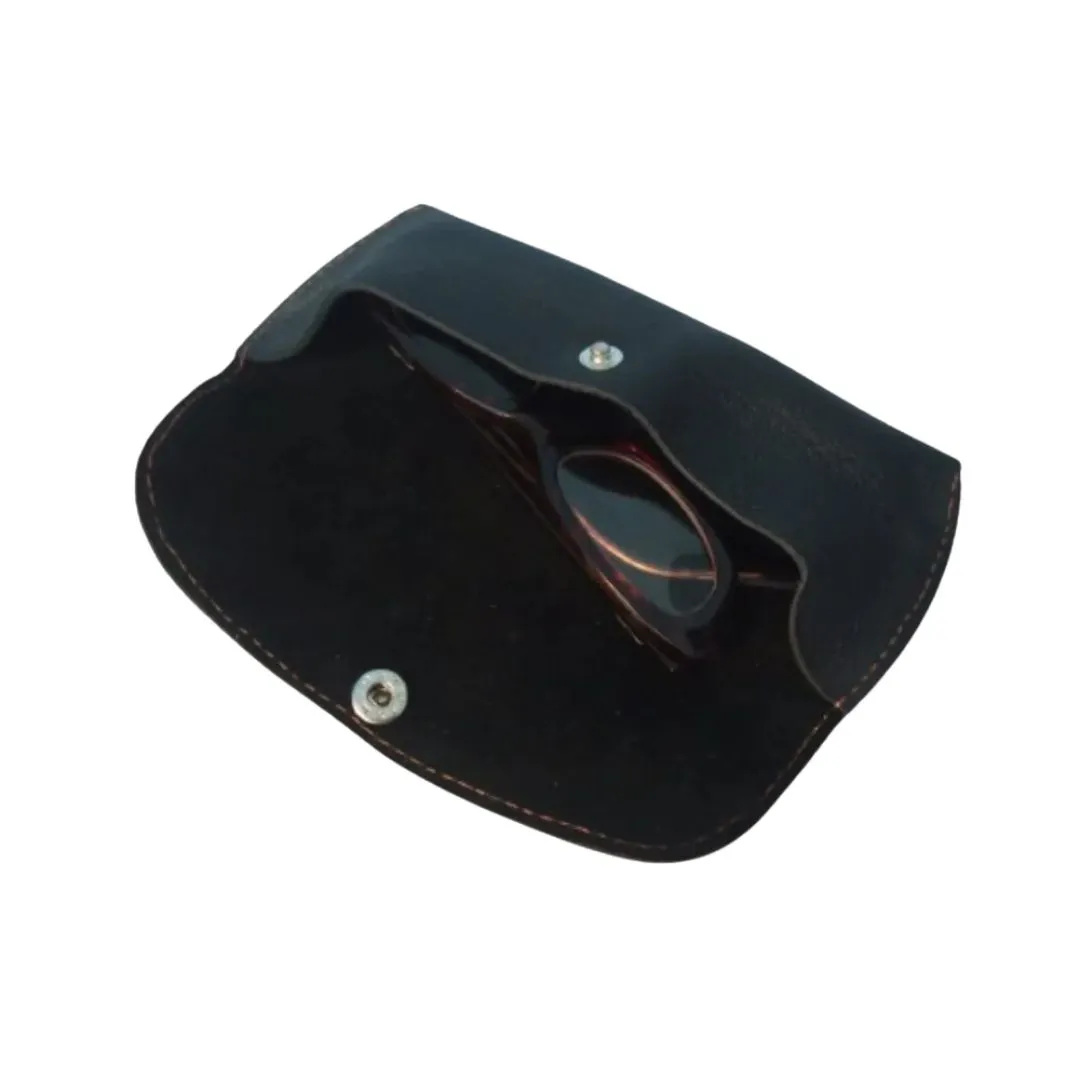 black leather glasses case with push button closure