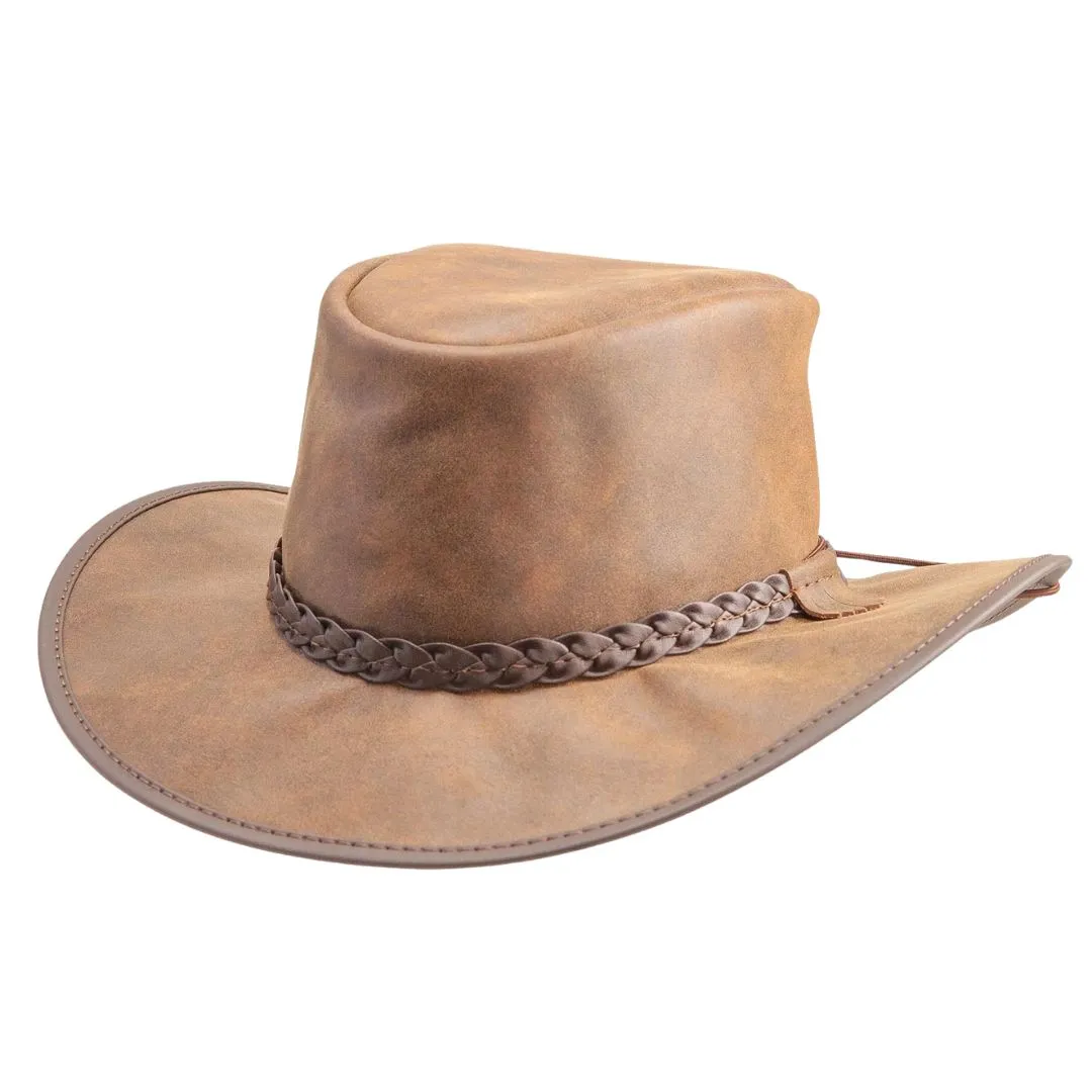 Brown leather outback hat with braided leather band