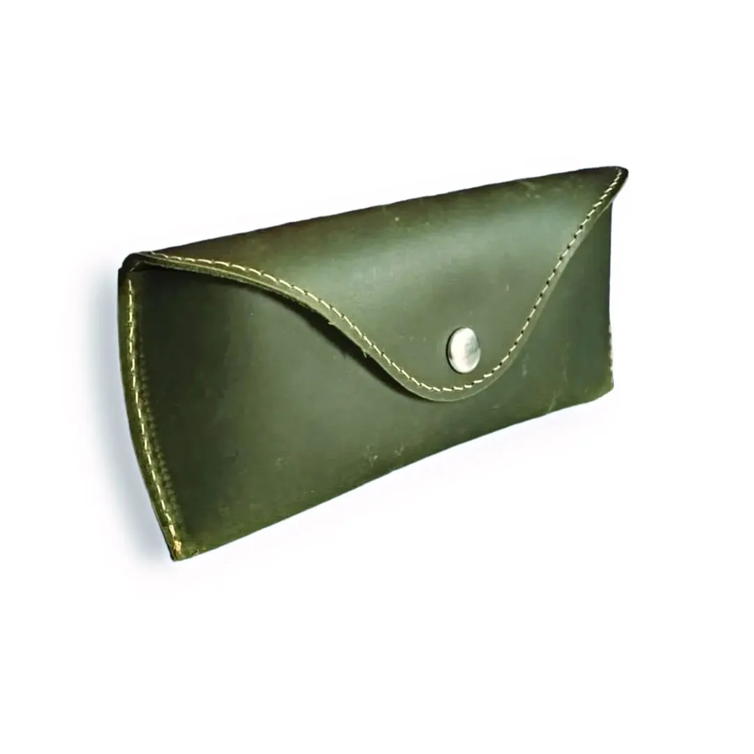Olive leather eyeglass case with push button closure