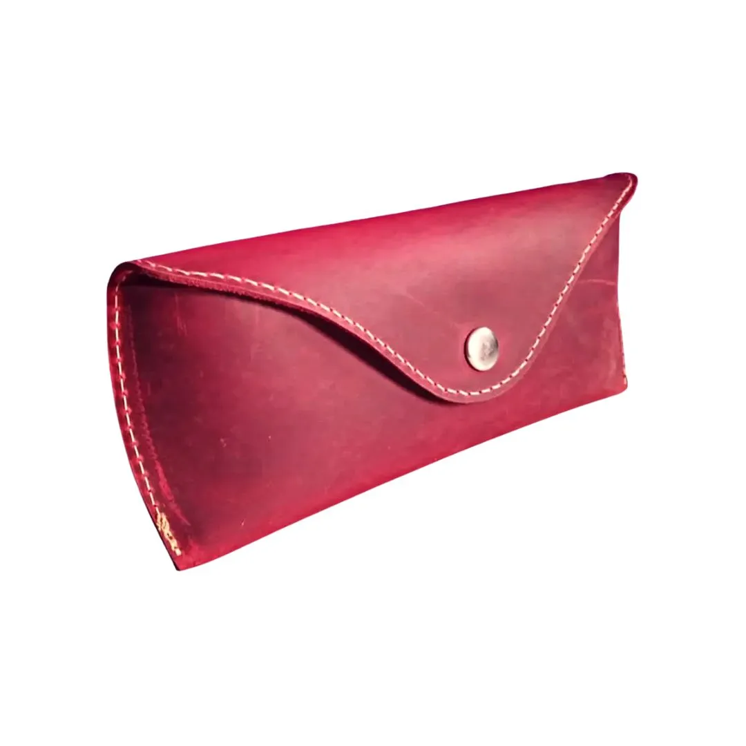 Ruby leather eyeglass case with push button closure