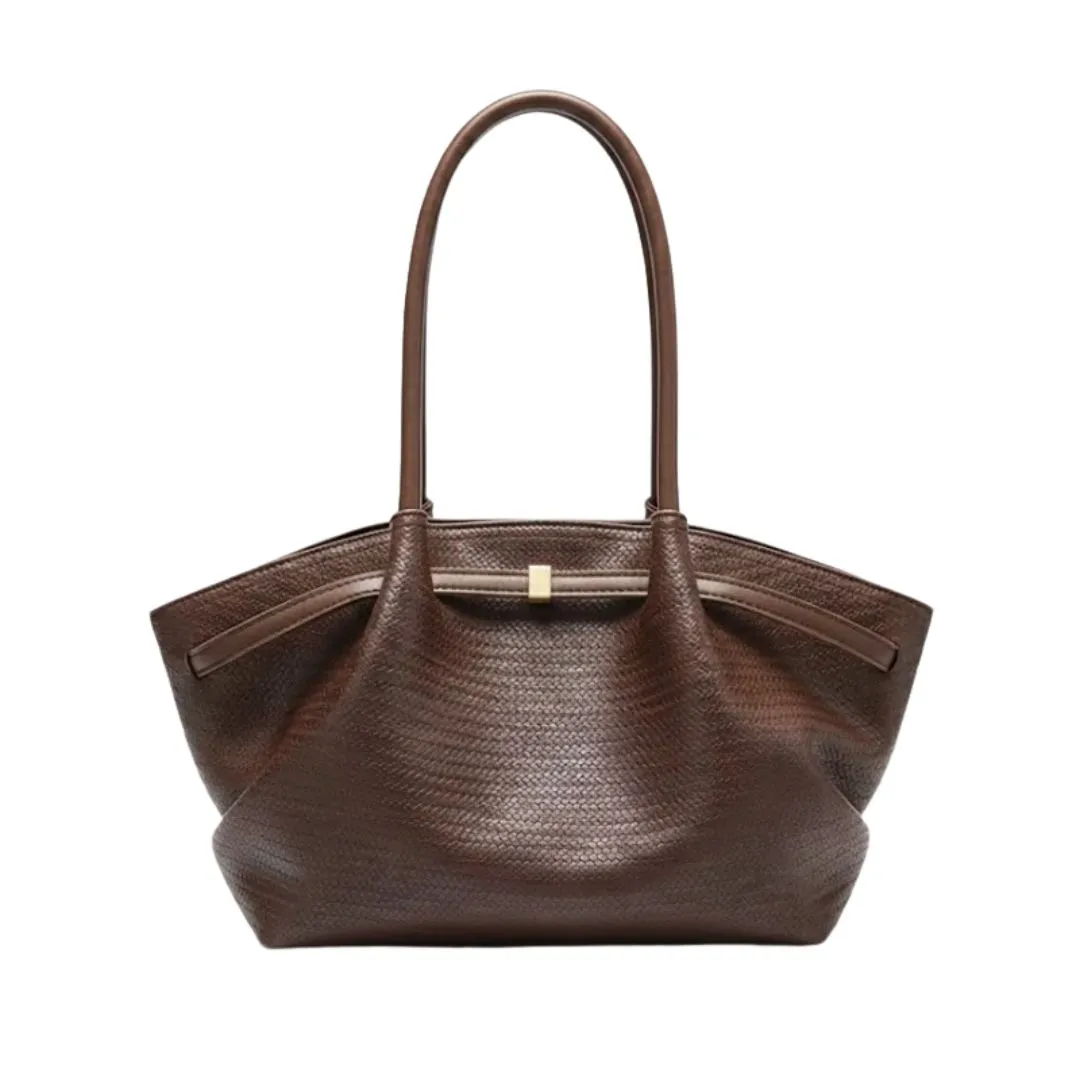 Black woven tote bag with slim top handles